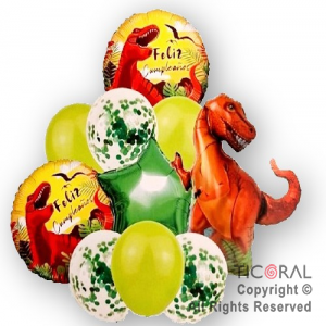 SET DE GLOBOS METALIZADOS DINOSAURIO Y LATEX CON CONFETI x 10 UNIDADES